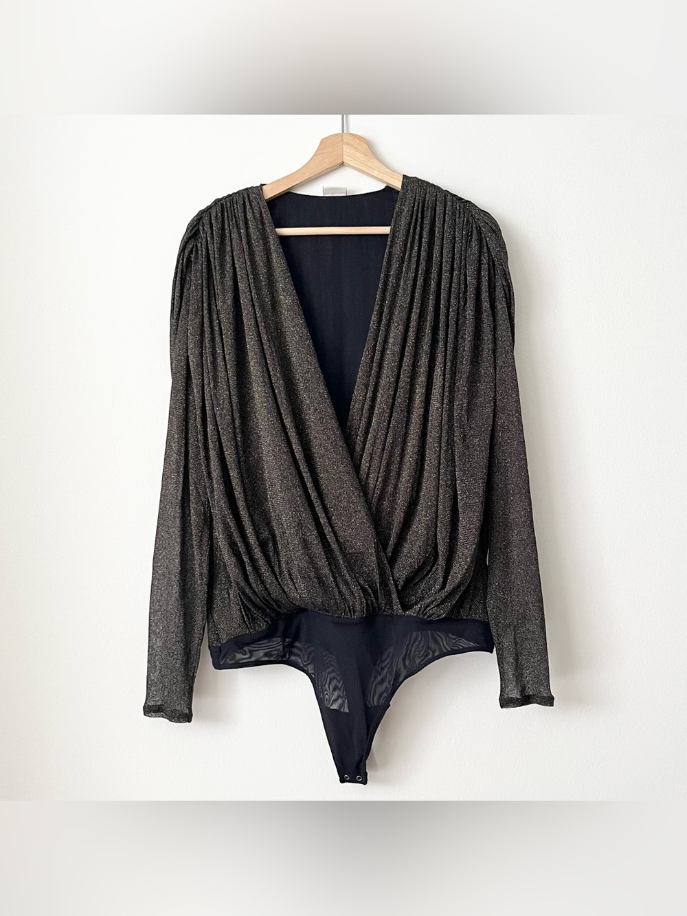 Abercrombie & Fitch Women's Sheer Wrap Blouse Bodysuit Gold XL Drapey Glam Sexy